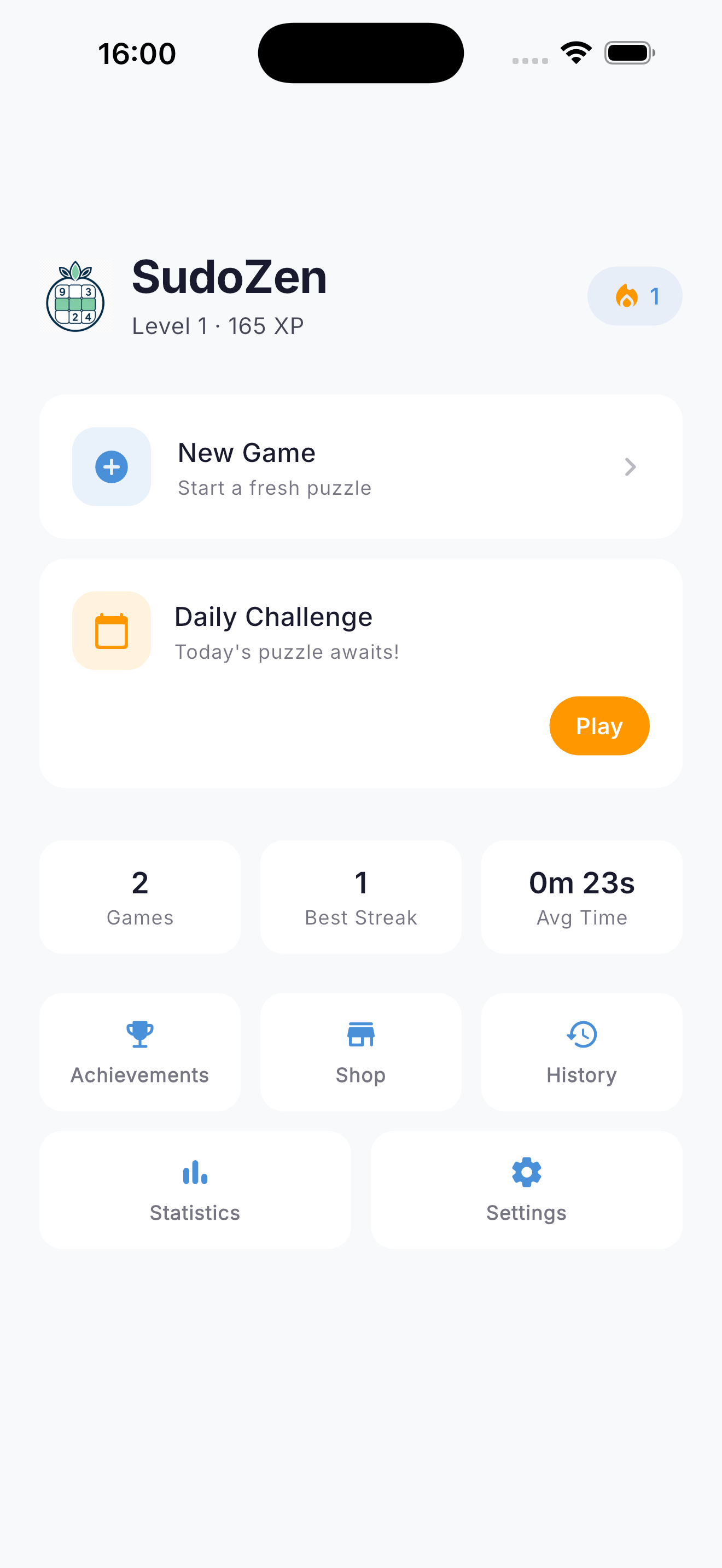 SudoZen home screen with daily challenge, stats and navigation